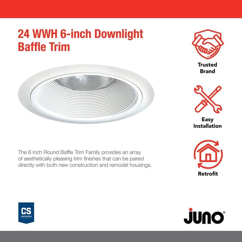 Juno 6-Inch Round Tapered Baffle Recessed Lighting Trim, Glare-Reducing Snap-in Trim for Can Lights, Fits IC2, TC2 and TC2R Housings, White Finish - Image 1